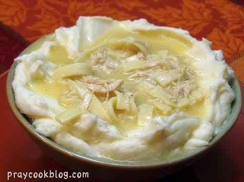 Bowl of chicken noodles mashed potatoes